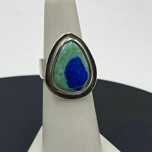 Vintage Sterling Silver 925
Azurite Malachite Teardrop
Ring Sz 6 Wide Band 8.6g - Picture 10 of 10